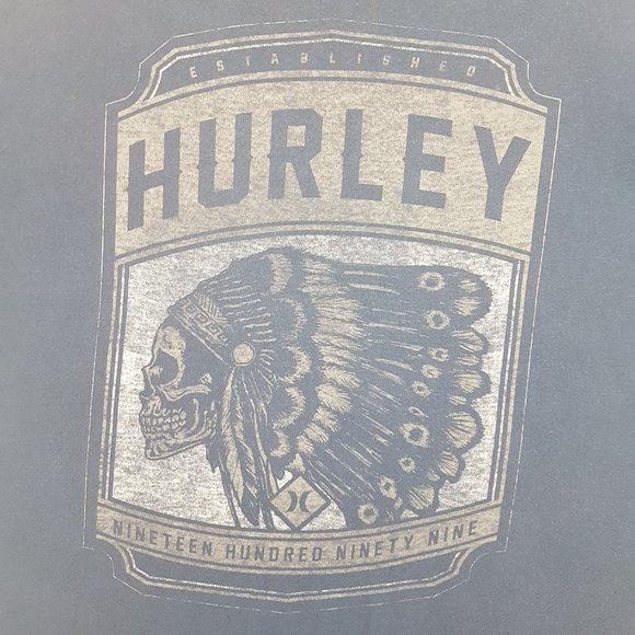 HURLEY Graphic Tee Shirt Large US L Blue Skull Indigenous Headdress Est 1999 - Picture 10 of 11